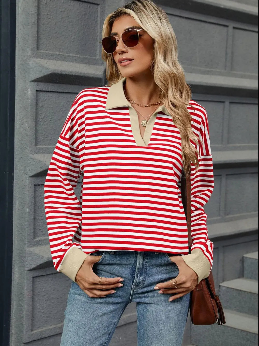 Striped Johnny Collar Long Sleeve Sweatshirt - Lilixa.store