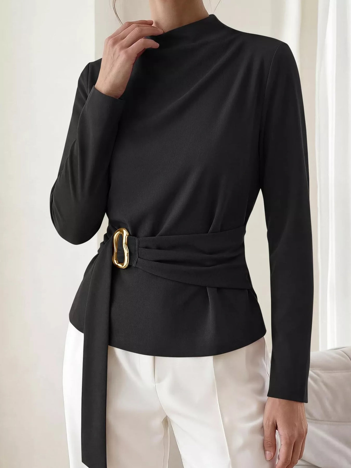 Mock Neck Blouse with Waist-Defining Metal Buckle Detail - Lilixa.store