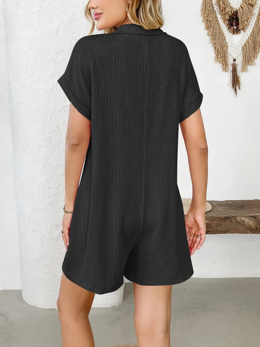 Button Detail Collared Neck Short Sleeve Romper - Lilixa.store
