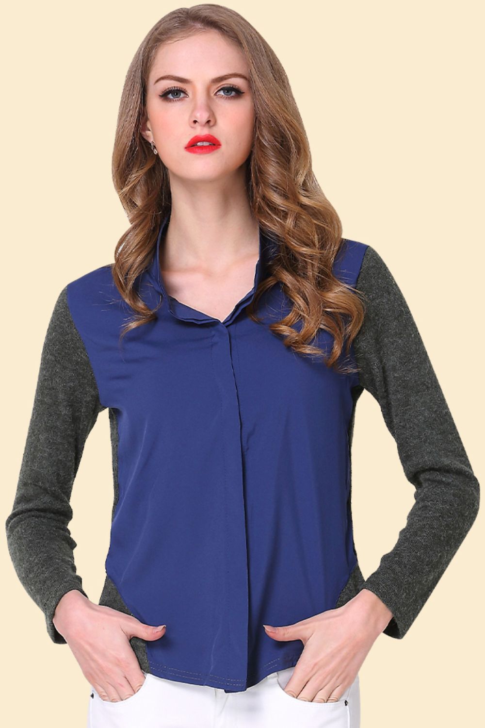 Two-Tone Spliced Shirt in Dark Blue, view 2