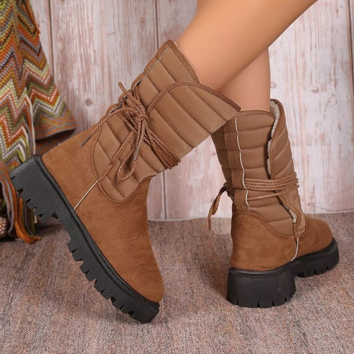 Quilted Lace-Up Mid-Calf Boots, view 12