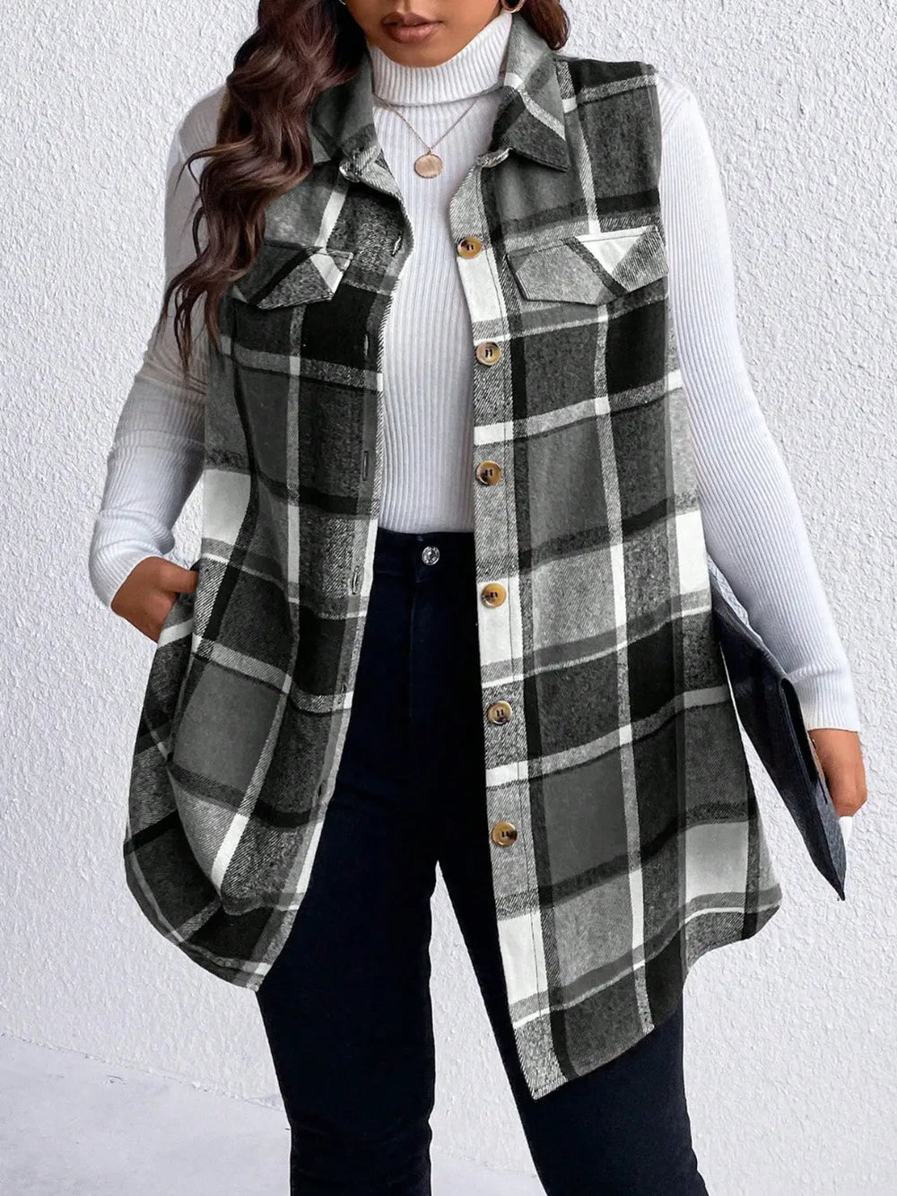 Honey Plus Size Pocketed Plaid Button Up Vest Coat, view 10