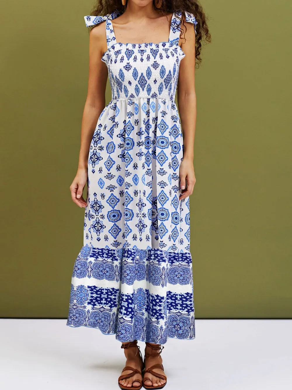 Smocked Printed Square Neck Cami Dress - Lilixa.store