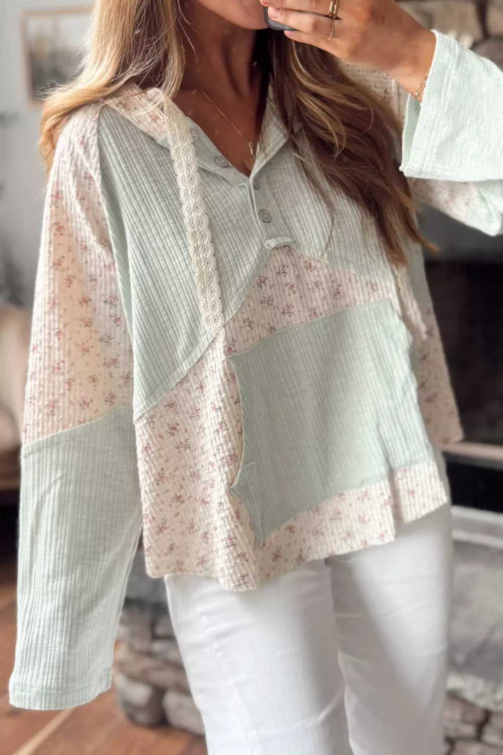 Lace Trim Floral Patchwork Button Detail Blouse - Lilixa.store