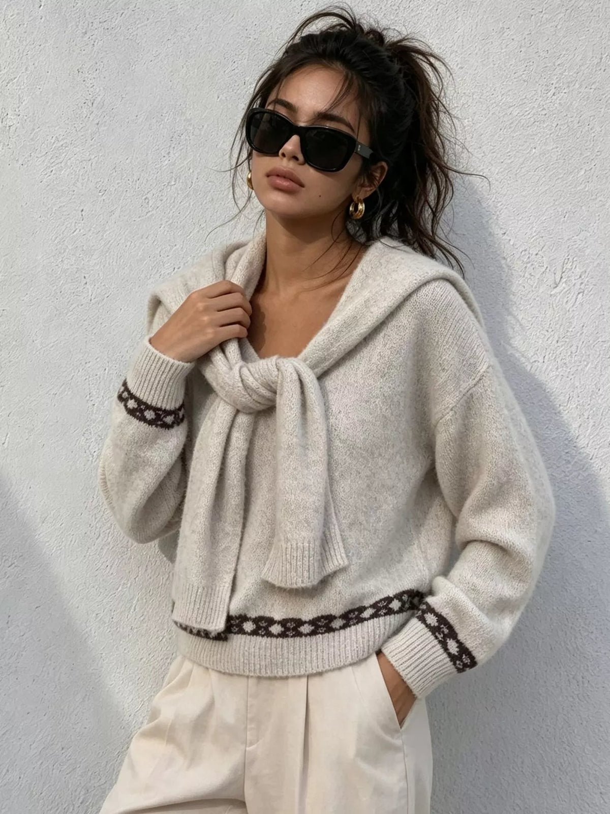 Scarf Detail Dropped Shoulder Sweater in Apricot Color