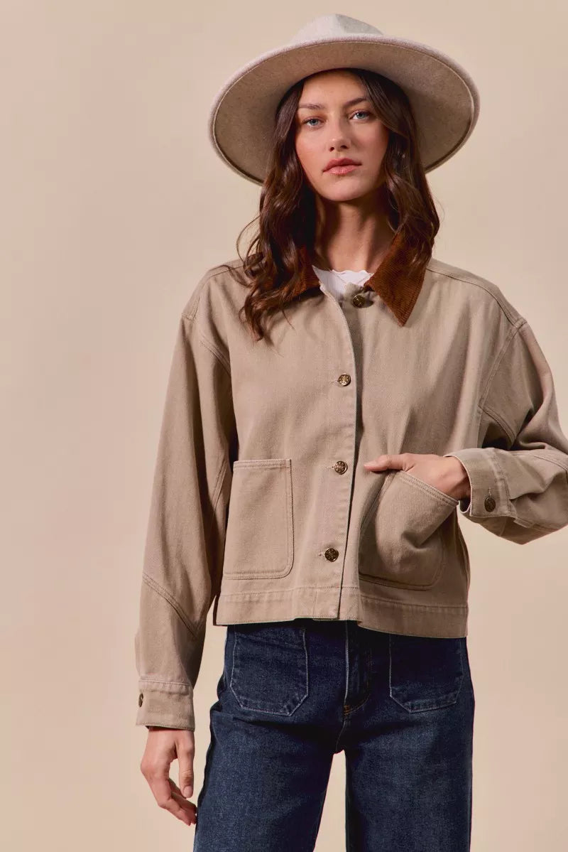 SO ME Cotton Twill Cropped Barn Jacket wtih Collar in Taupe, view 9