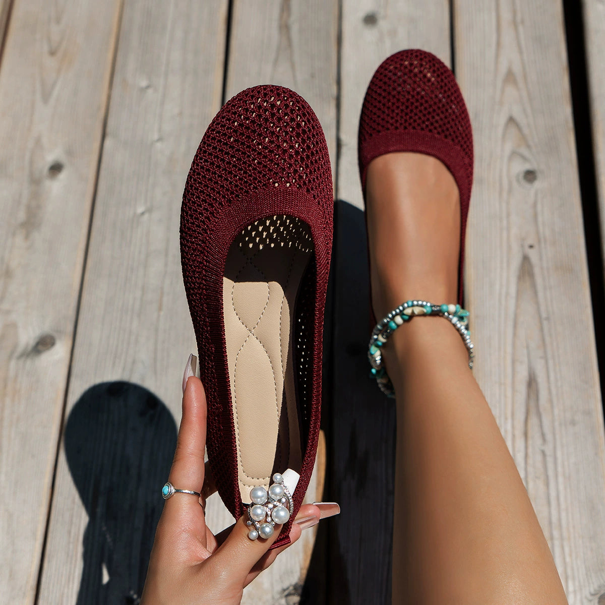 Solid Color Mesh Flat Slip-Ons in Burgundy