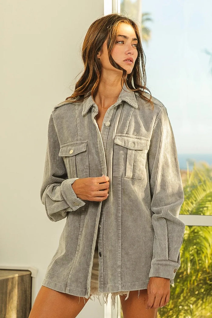BiBi Button Up Corduroy Shacket in Grey