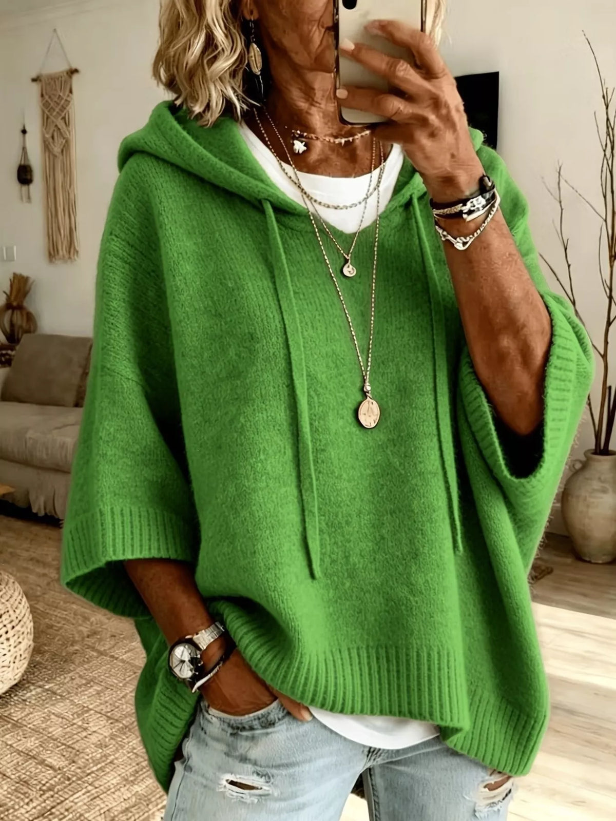 Full Size Casual Hooded Batwing Sleeve Knit Sweater Plus Size in Green