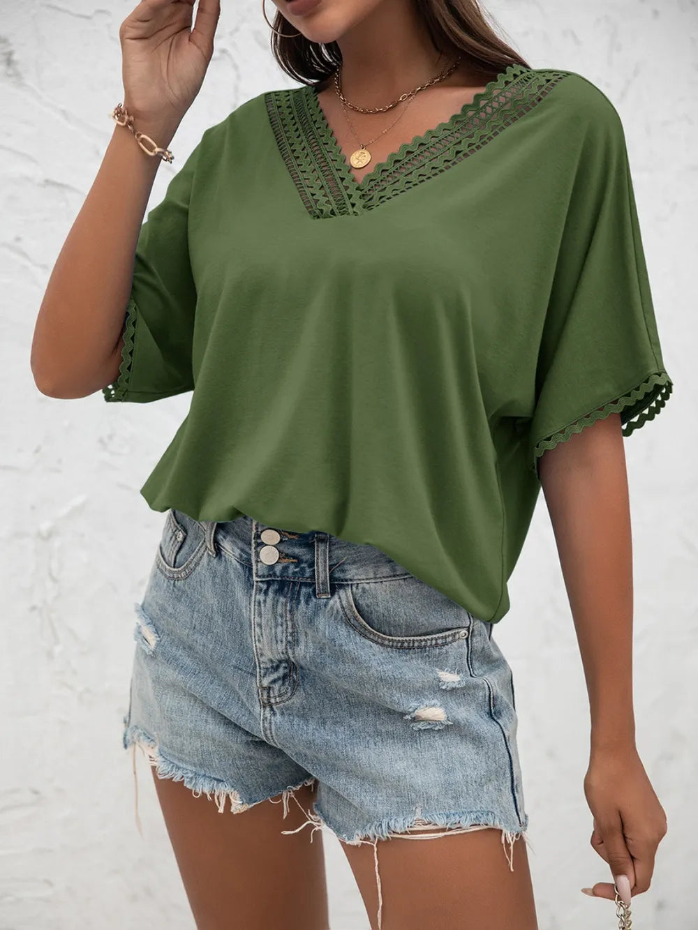 Ivy Lane Lace Detail V-Neck T-Shirt - Lilixa.store