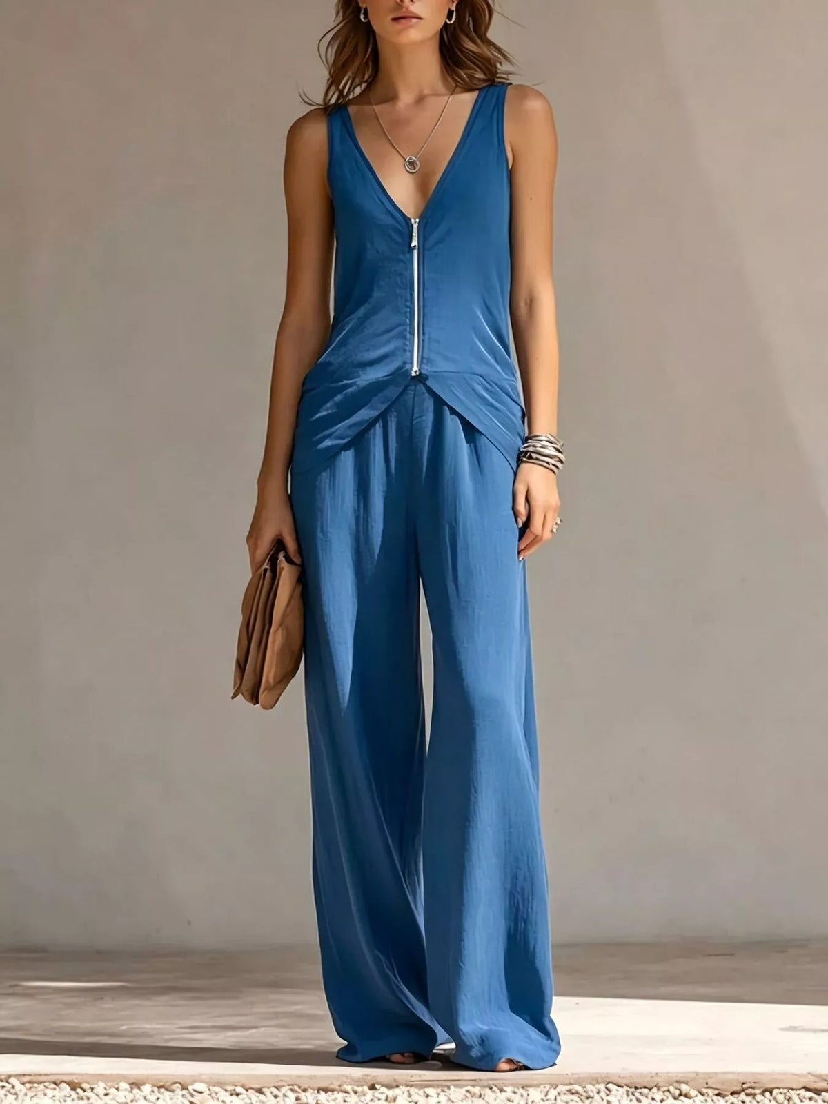 Full Size Zipper Front Tank and Wide-Leg Pants Set Plus Size - Lilixa.store