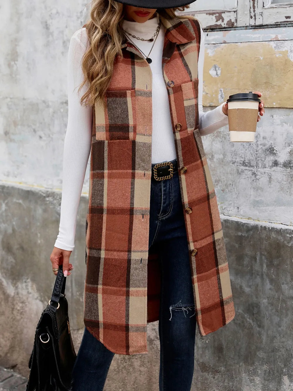 Perfee Pocketed Button Up Plaid Vest in Terracotta, view 4