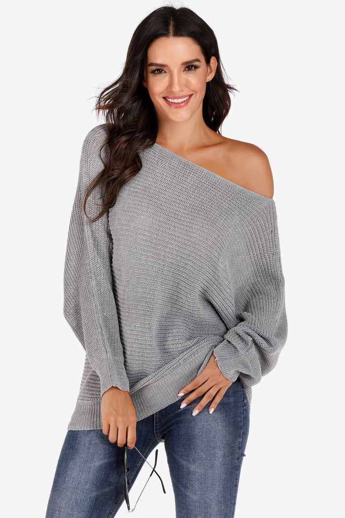 One Shoulder Dolman Sleeve Sweater in Light Gray