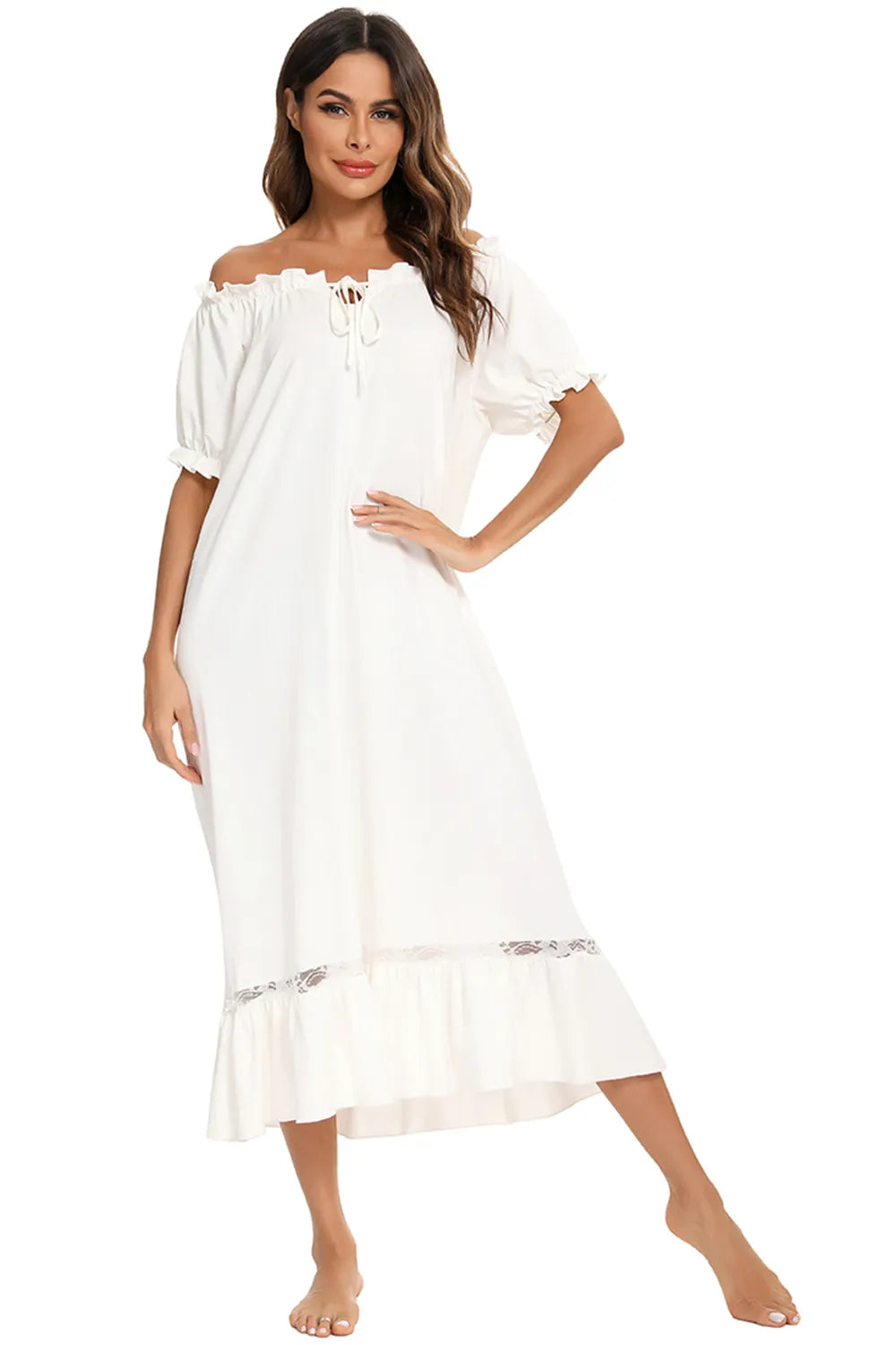 Lace Detail Short Sleeve Lounge Dress - Lilixa.store