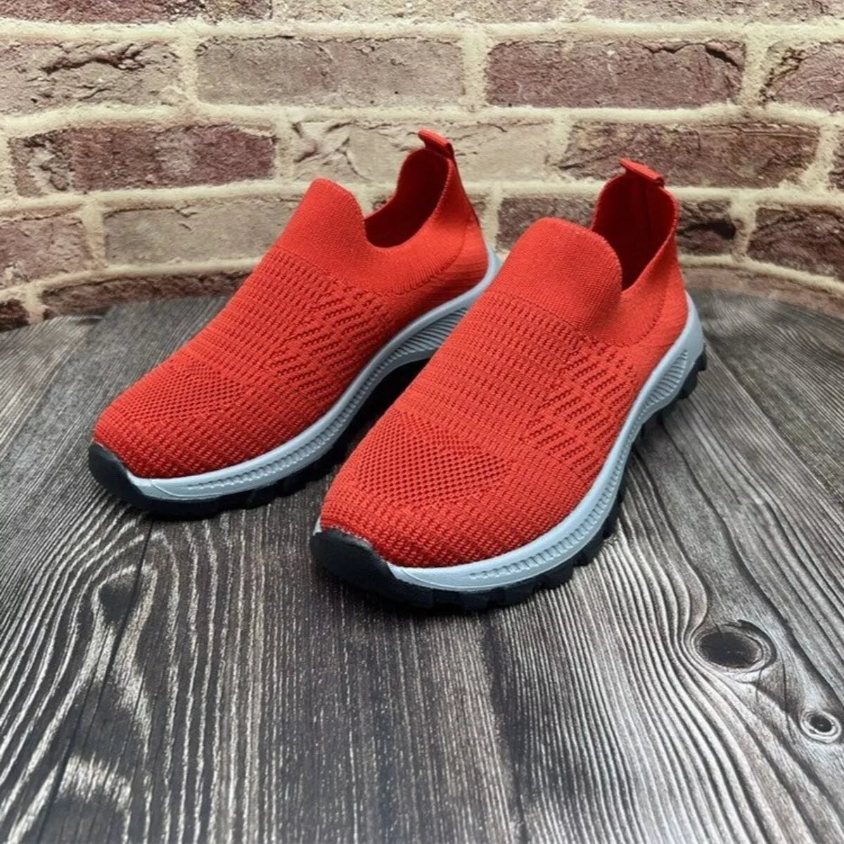 Round Toe Mesh Slip-Ons in Red