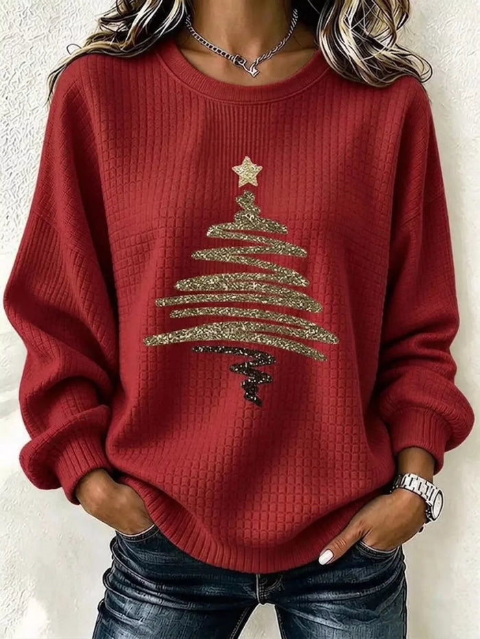Full Size Festive Christmas Tree Graphic Ribbed Sweatshirt Plus Size in Burgundy