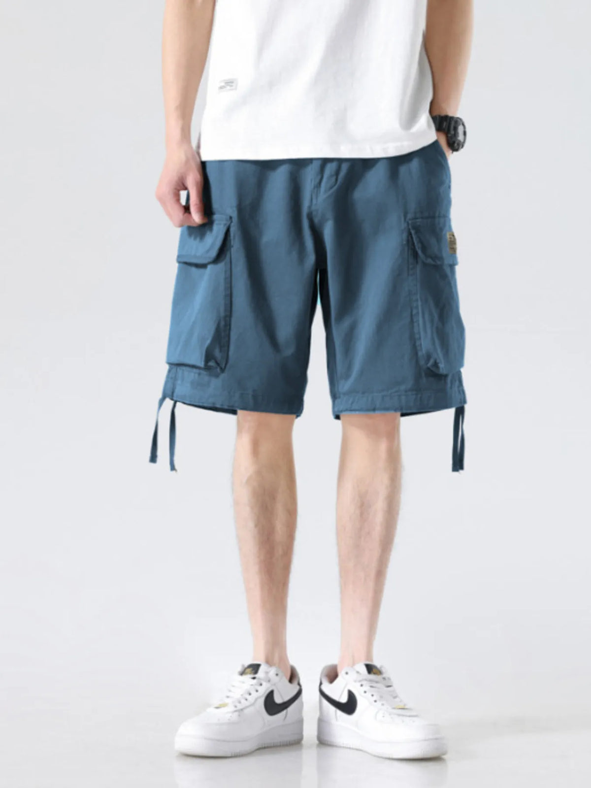 Men's Drawstring Wide Leg Cargo Shorts in Blue
