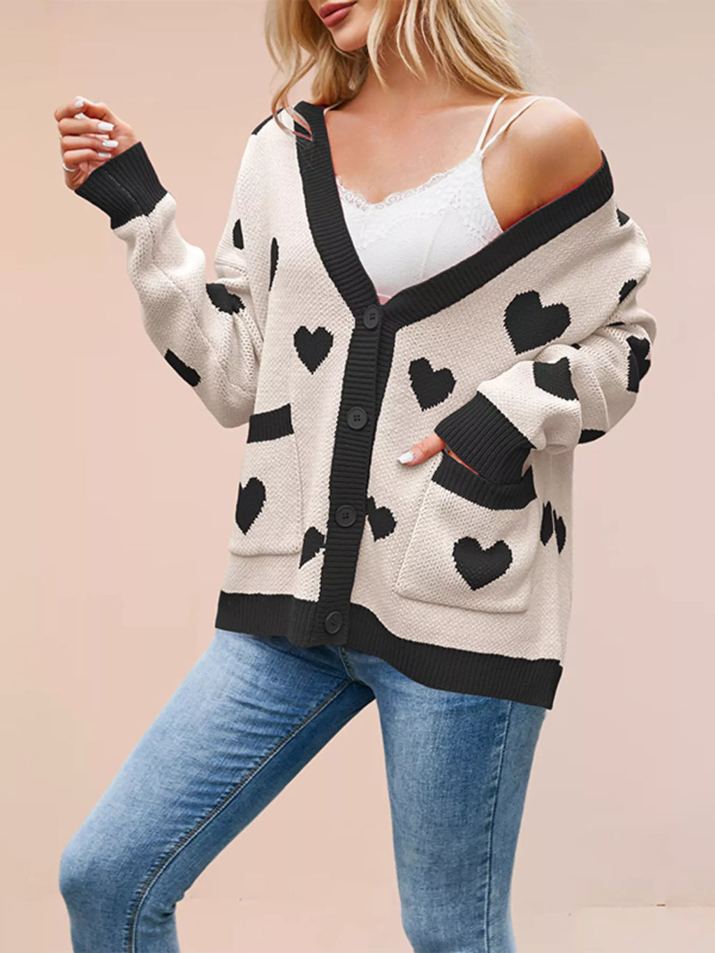 Heart Pattern V-Neck Button-Down Knit Cardigan - Lilixa.store