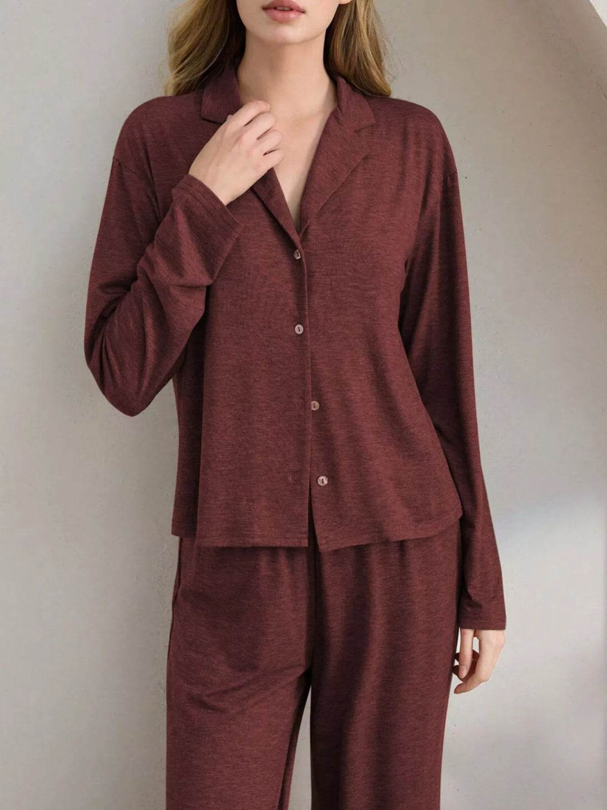 Button-Down Top and Wide-Leg Pants Lounge Set - Lilixa.store