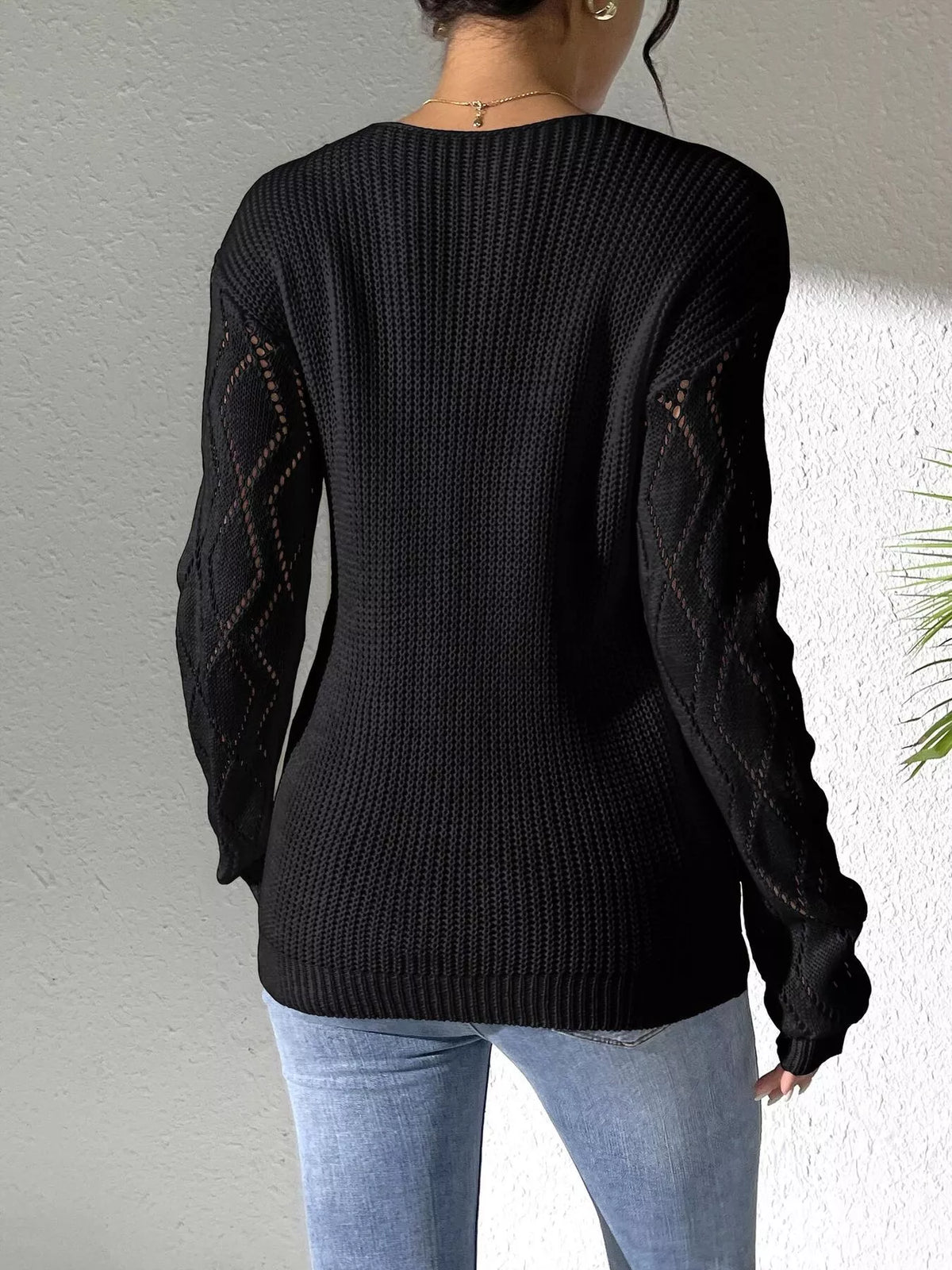 Floral Applique V-Neck Openwork Sweater