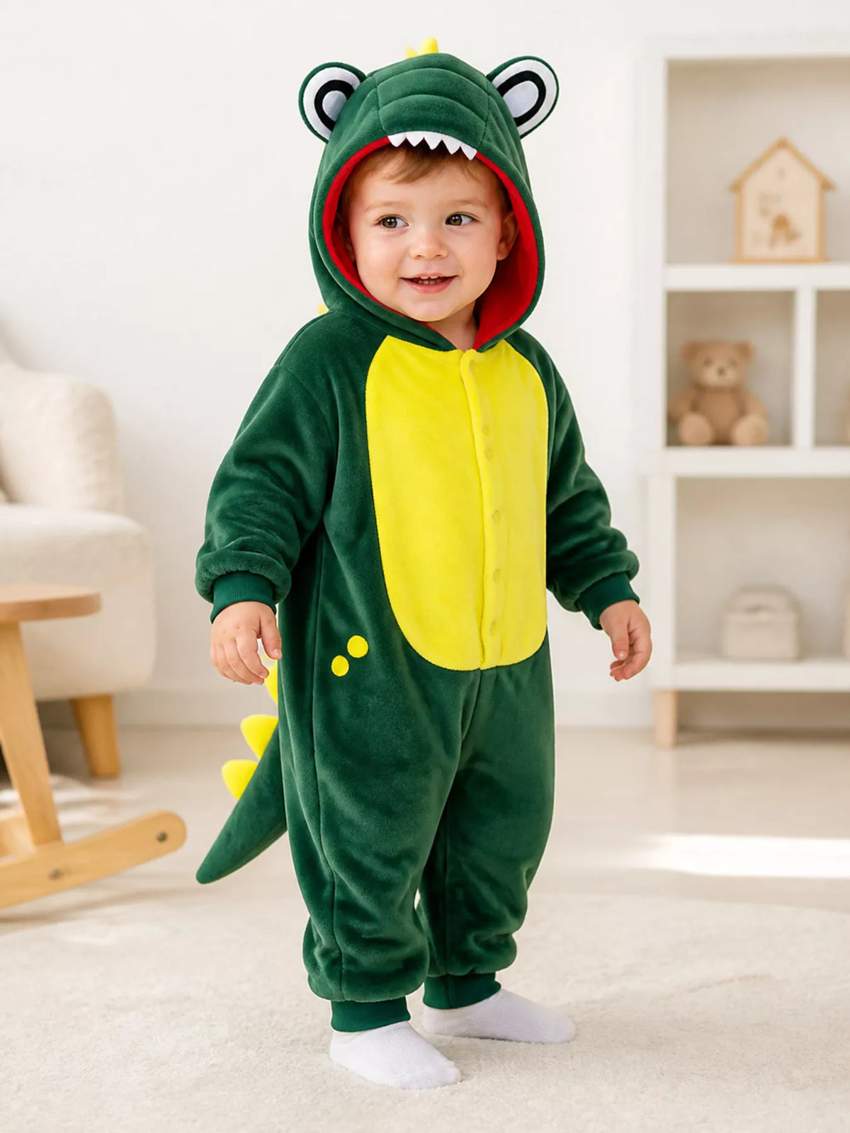 Children's Dinosaur Hooded Fleece One-Piece Jumpsuit - Lilixa.store