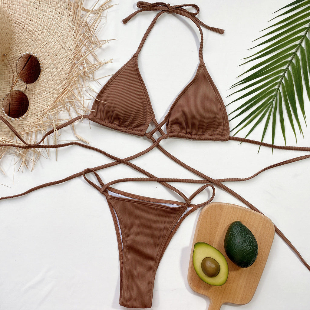 Halter Neck Crisscross Ribbed Bikini Set - Lilixa.store