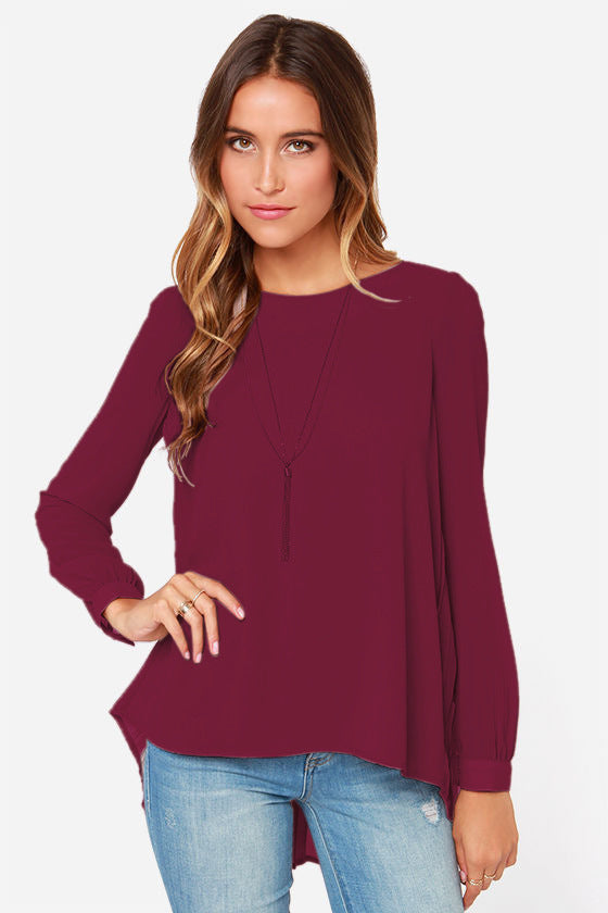 Ivy Lane Full Size Round Neck Back Pleated Blouse in Burgundy