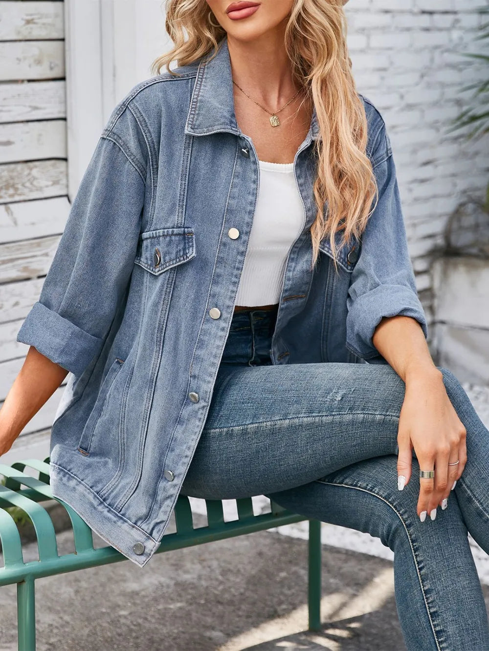Button Up Long Sleeve Denim Jacket, view 5