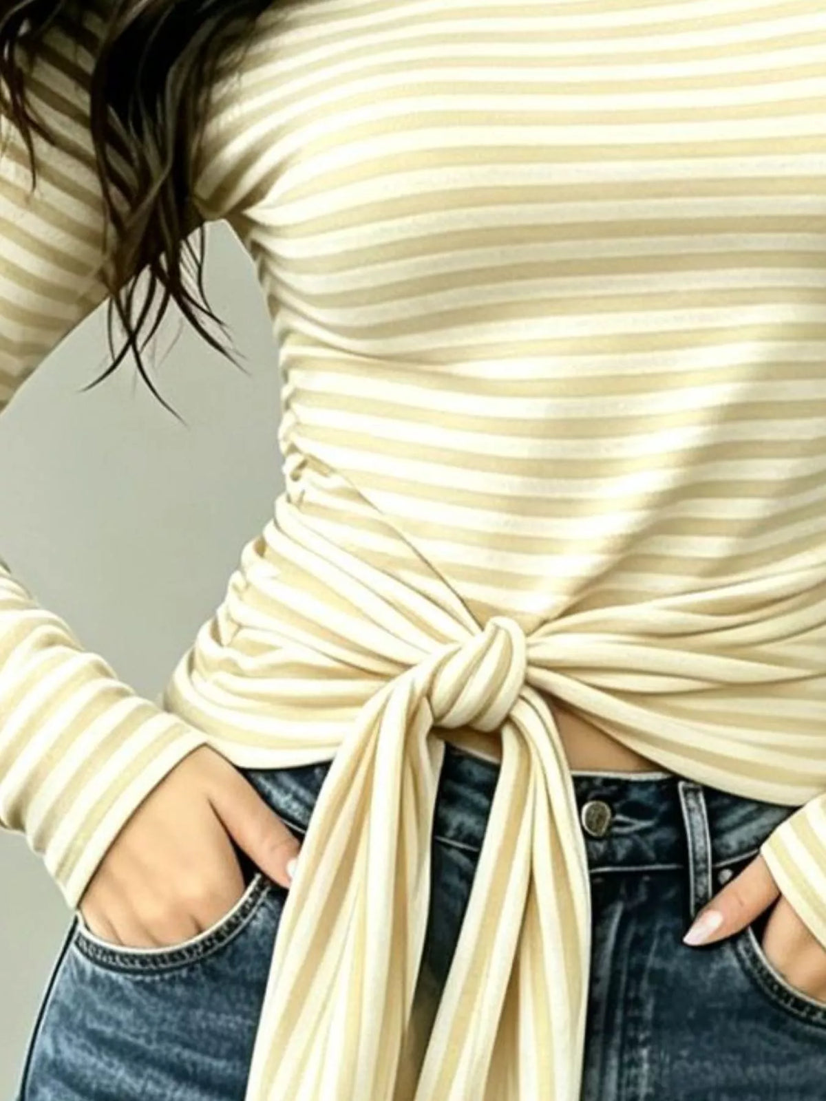 Long Sleeve Striped T-Shirt with Front Tie Detail, view 10