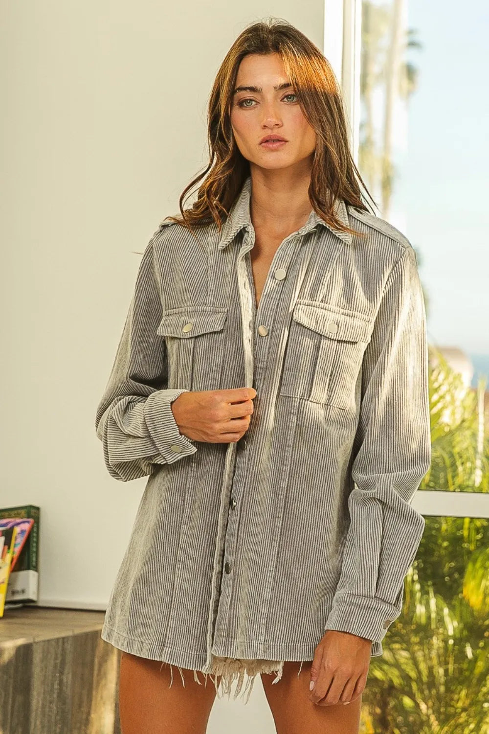 BiBi Button Up Corduroy Shacket in Grey, view 3