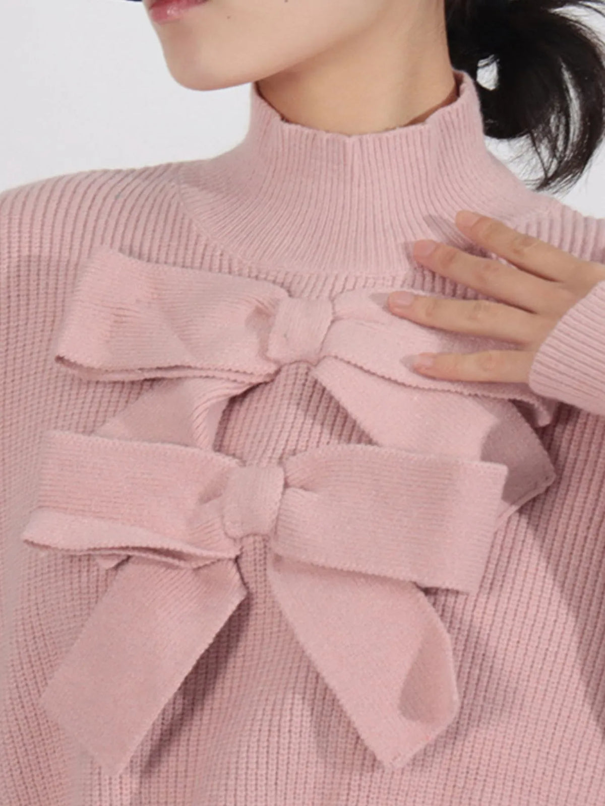 Bow Front Turtleneck Long Sleeve Sweater - Lilixa.store