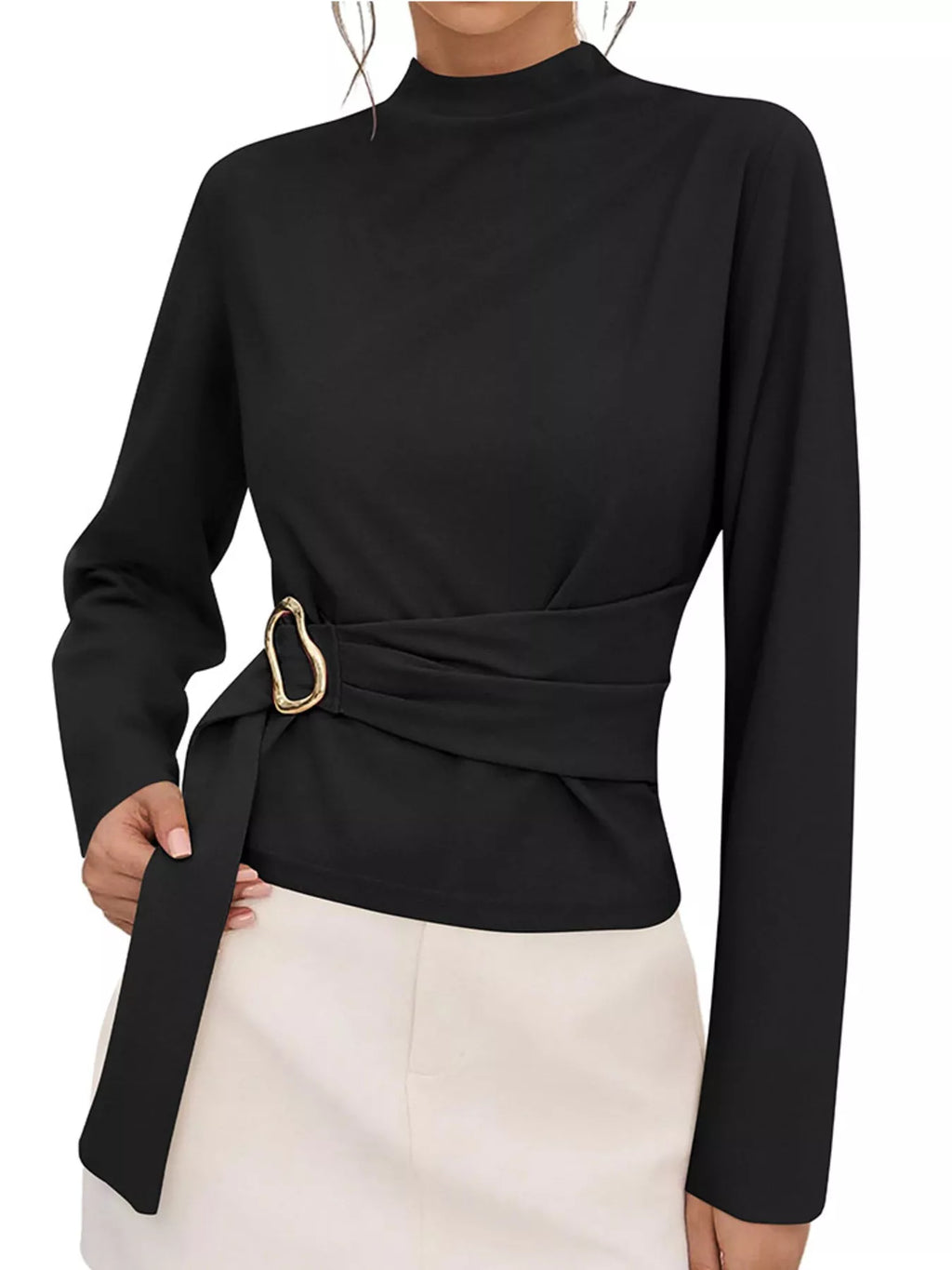 Mock Neck Blouse with Waist-Defining Metal Buckle Detail - Lilixa.store
