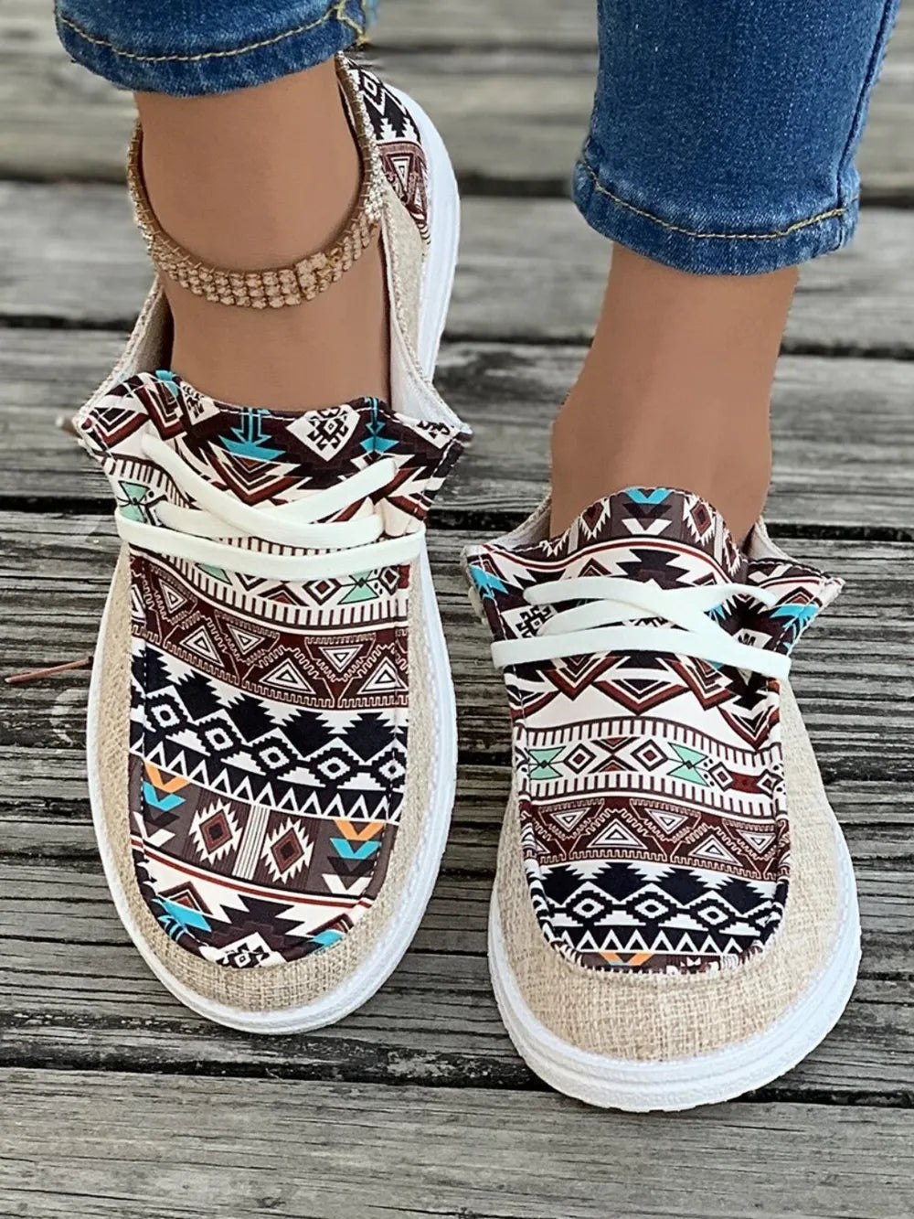 Geometric Lace-Up Round Toe Slip-Ons in Tan