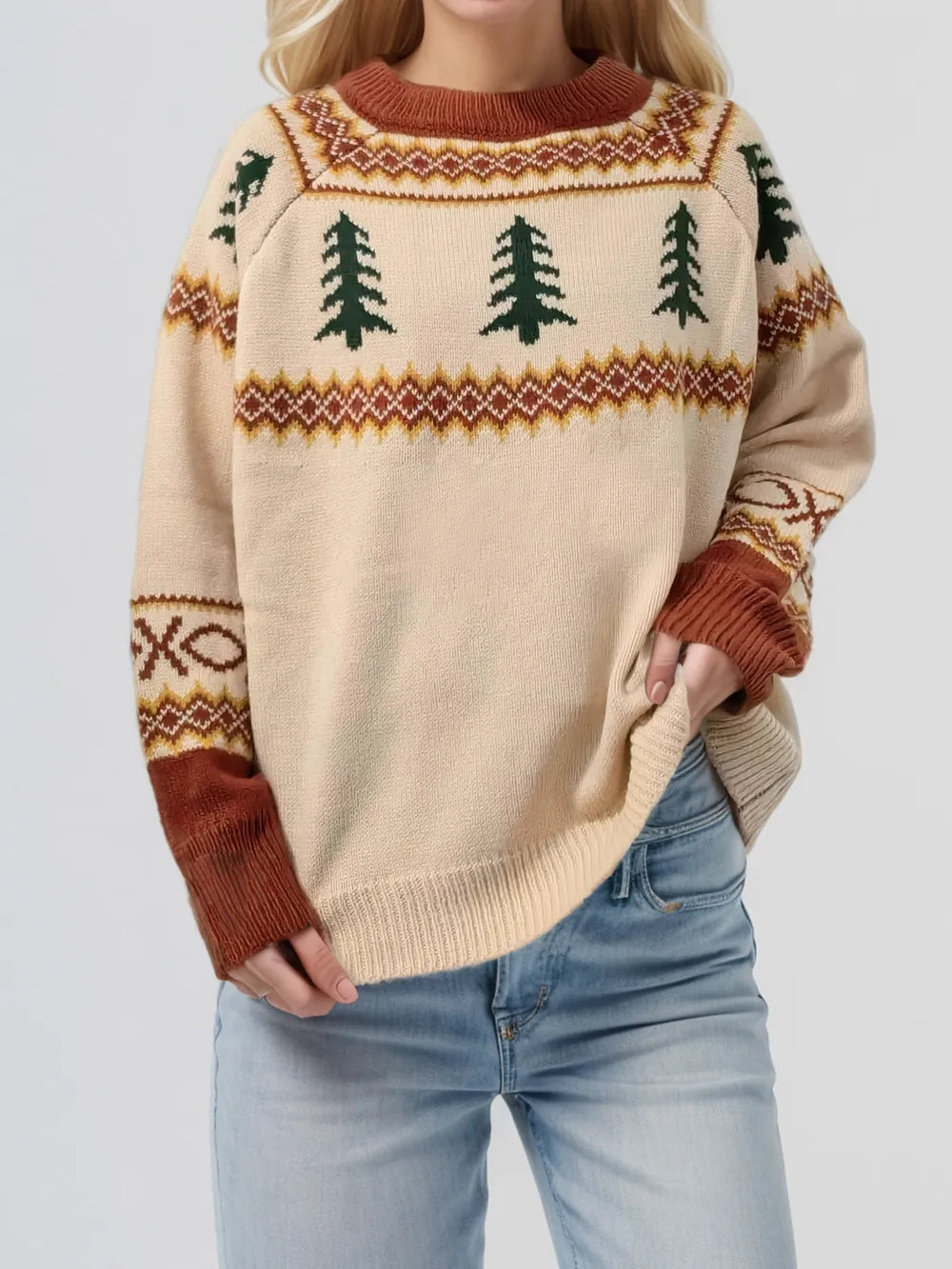 Graphic Round Neck Long Sleeve Sweater - Lilixa.store