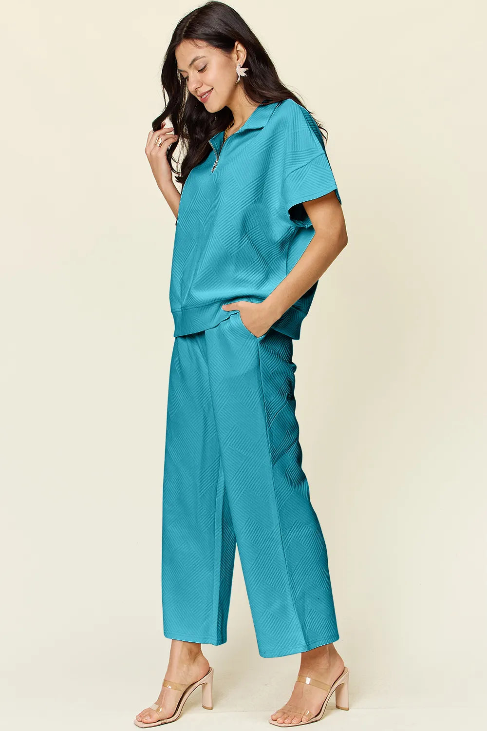 Double Take Full Size Texture Half Zip Short Sleeve Top and Pants Set, view 14
