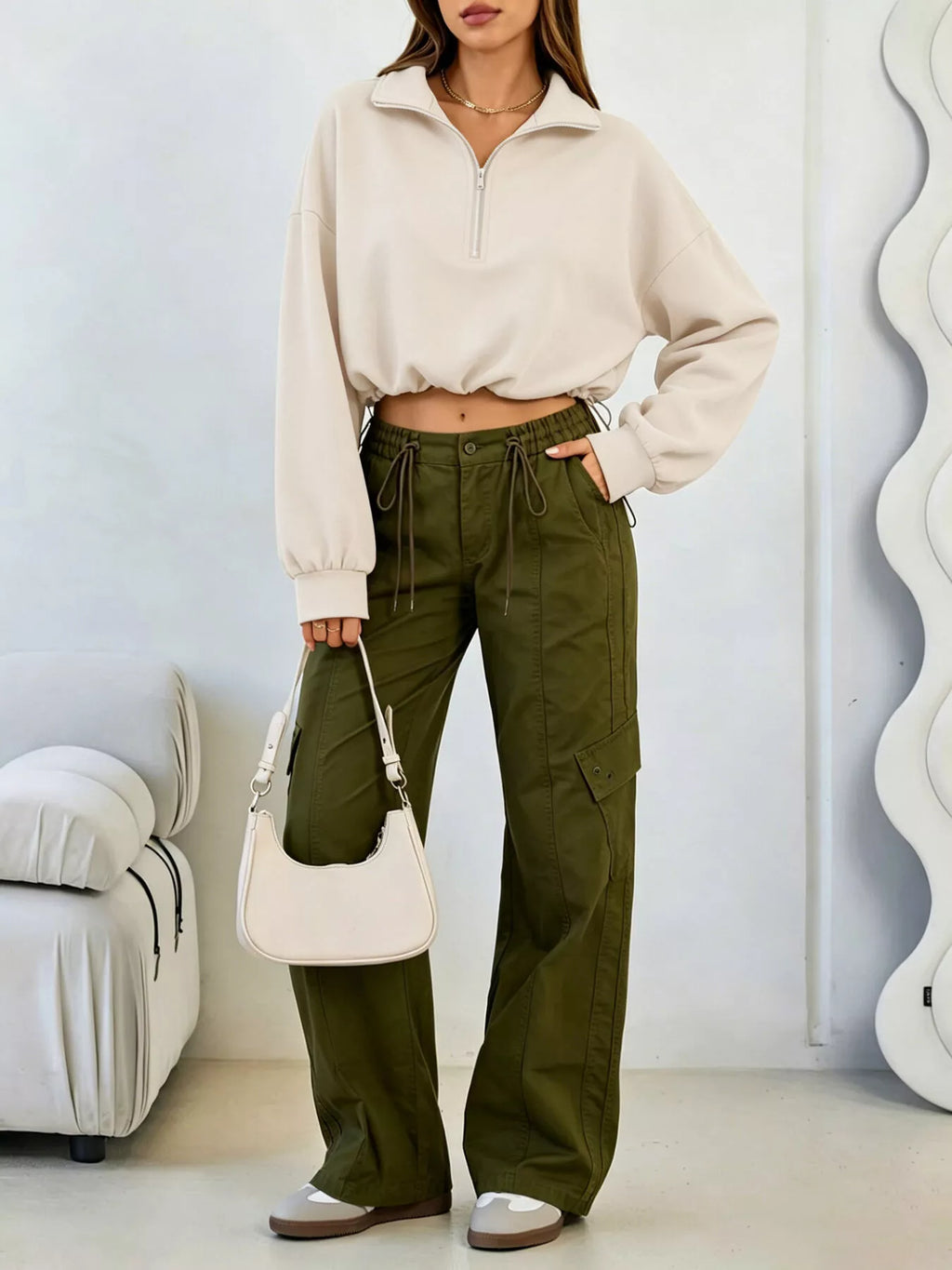 Half Zip Drawstring Hem Sweatshirt - Lilixa.store