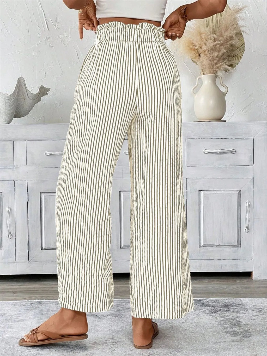 Full Size Striped Wide Leg Paper Bag Pants Plus Size - Lilixa.store