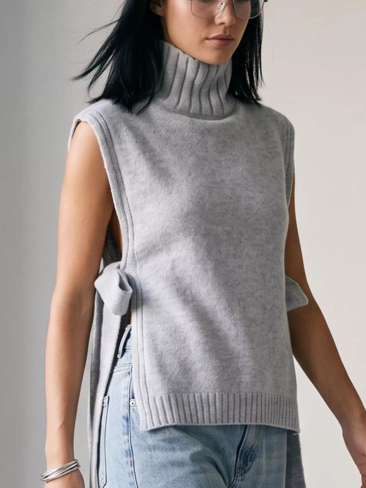Turtleneck Side-Tie Knit Sweater Vest