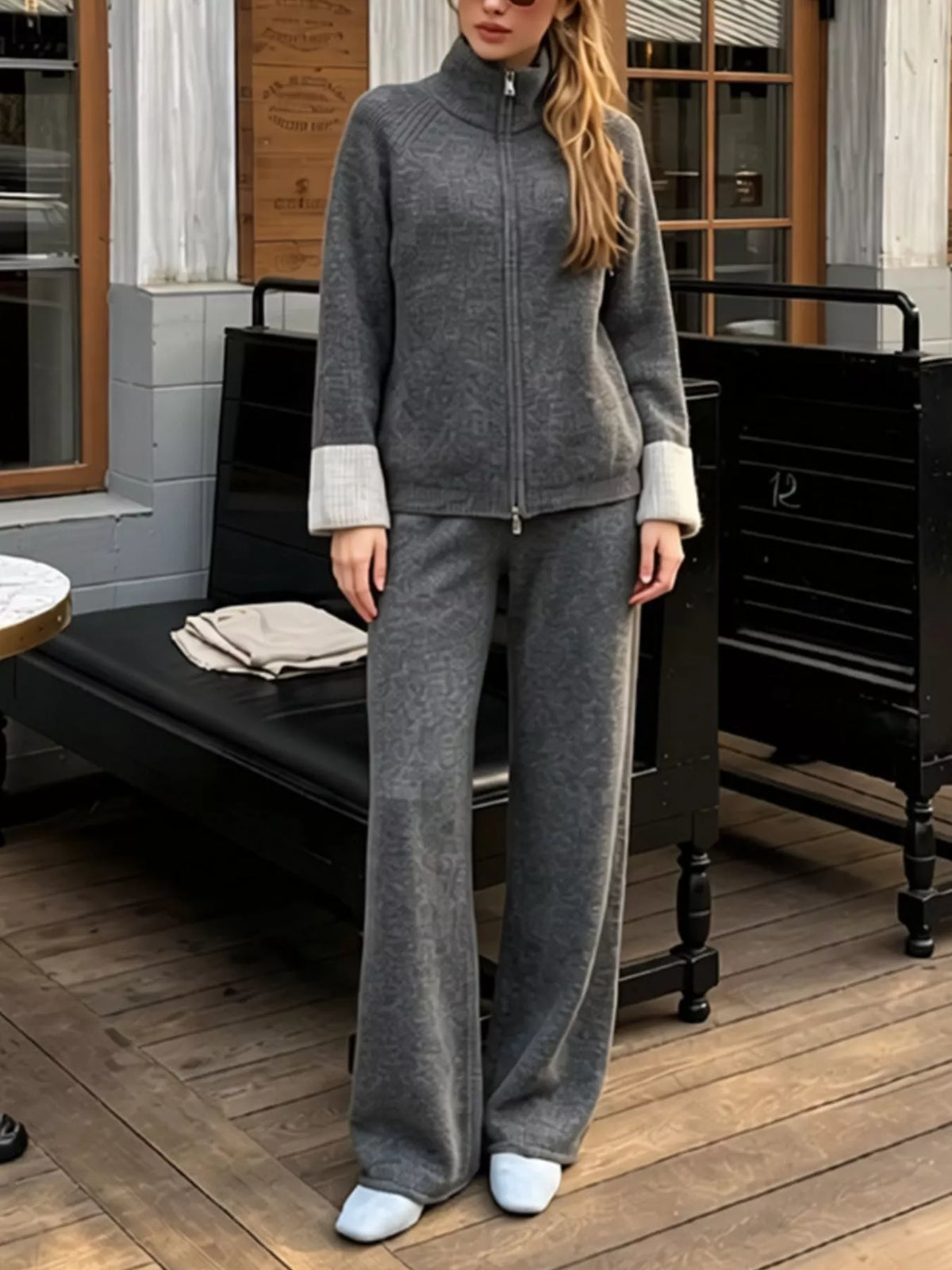 Zip-Up Contrast Cuff Cardigan and Pants Sweater Set, view 20