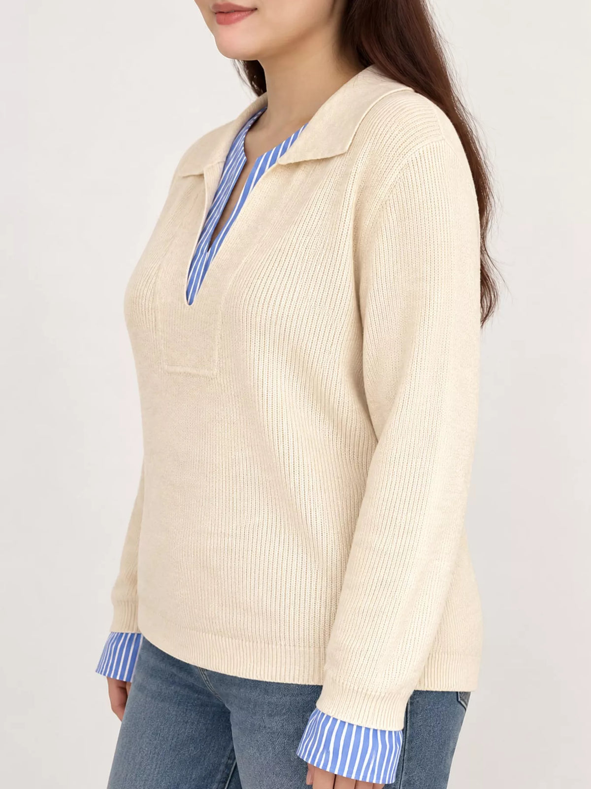 Plus Size Layered Look Striped Long Sleeve Sweater, view 6
