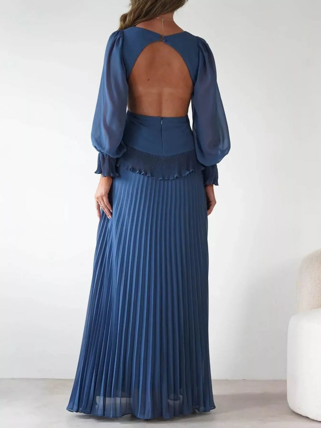 Backless Pleated Long Sleeve Maxi Dress - Lilixa.store