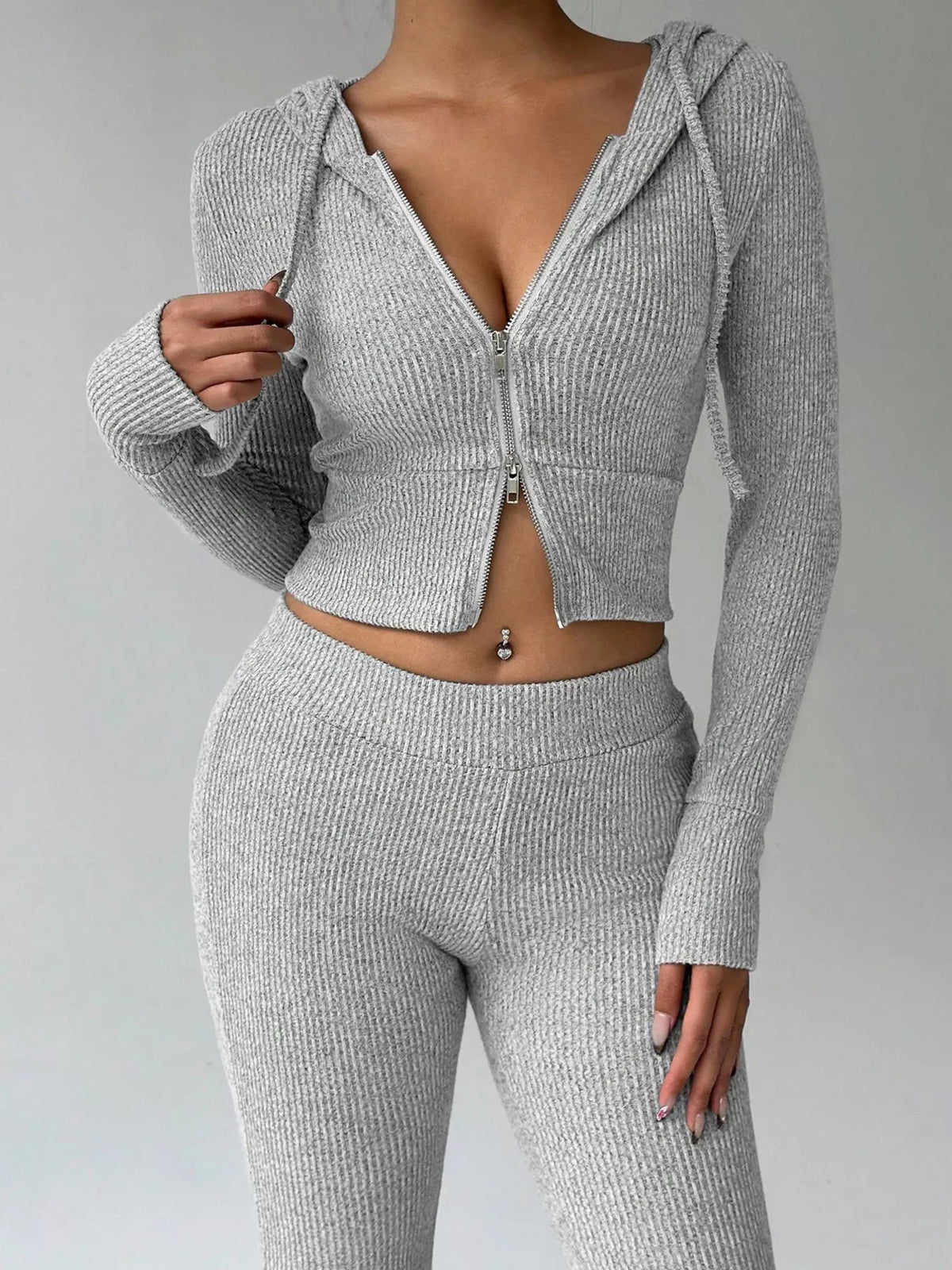 Ribbed Knit Zip-Up Hooded Top and Flared Pants Set