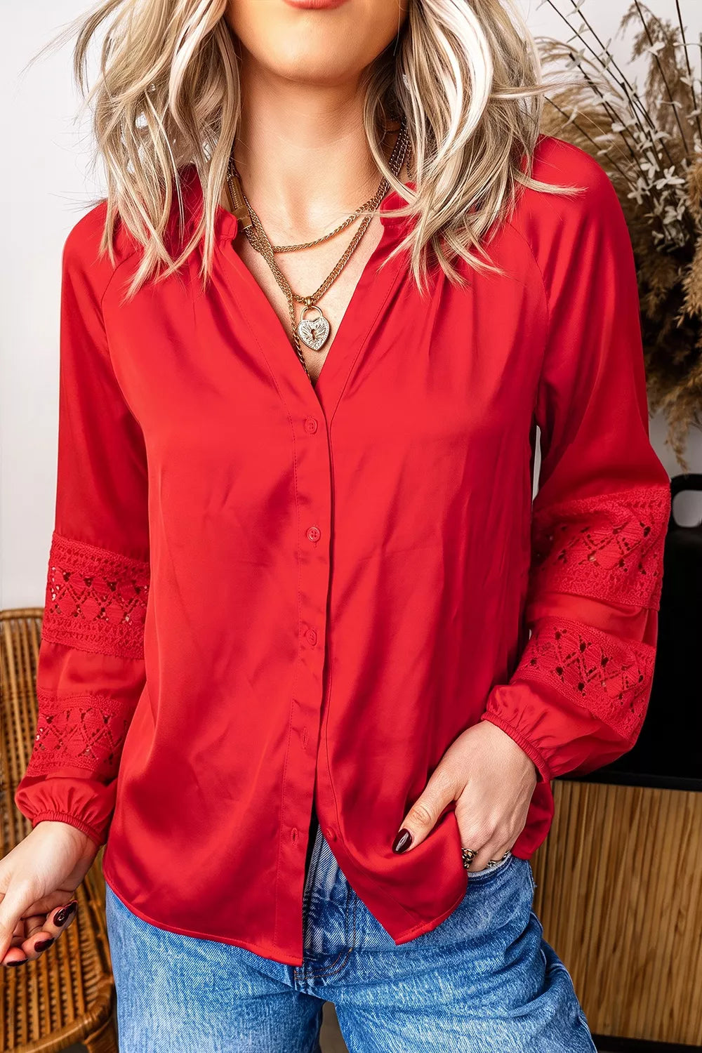 Christmas Patchwork Lace Long Sleeve V Neck Button Front Shirt in Scarlet