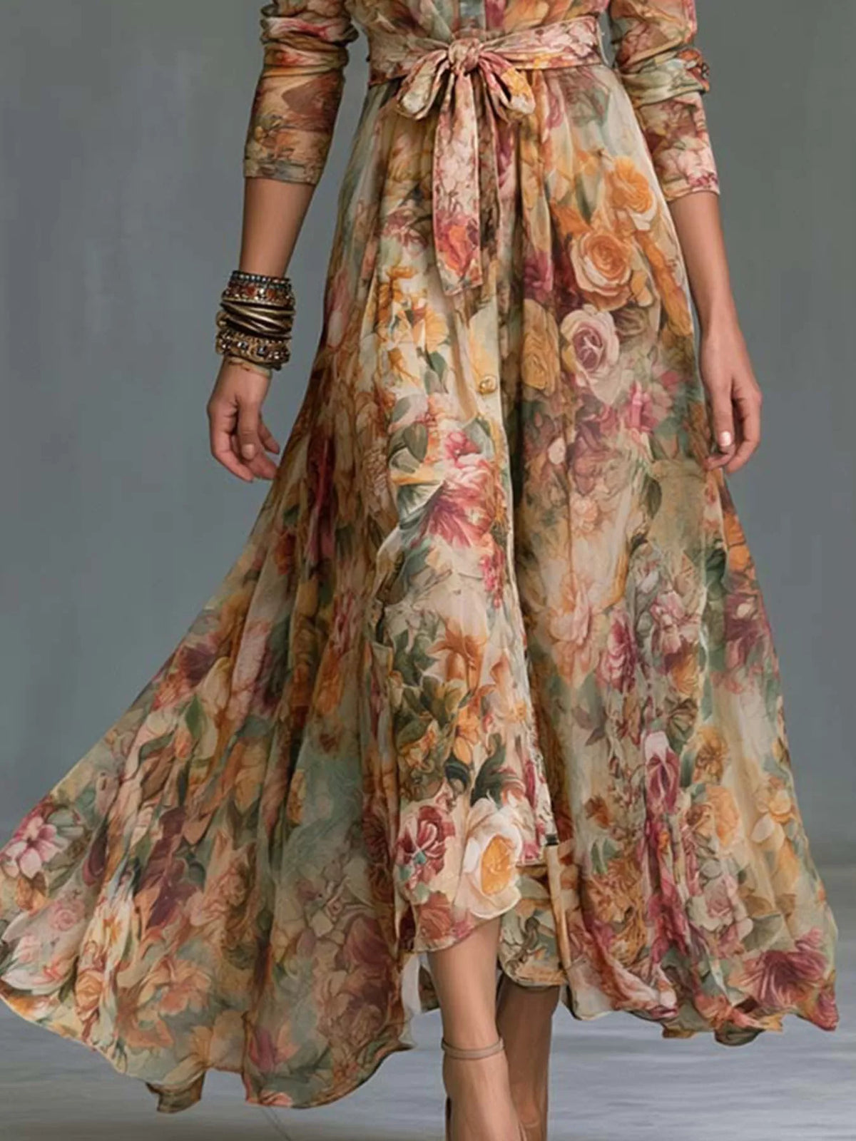 Floral Print Long Sleeve Maxi Shirt Dress - Lilixa.store