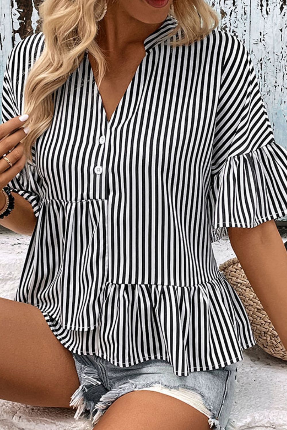 Perfee Striped Asymmetrical Flounce Sleeve Blouse, view 5