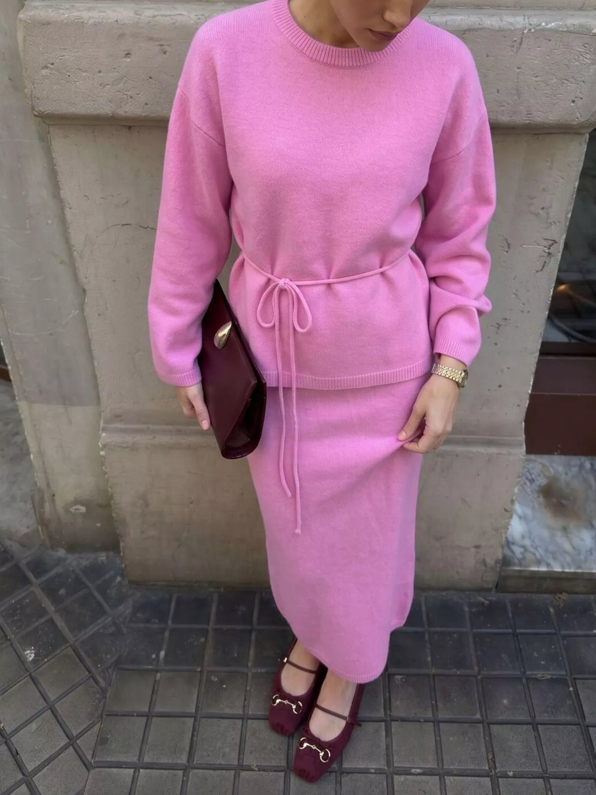 Waist-Tie Detail Sweater and Maxi Skirt Set, view 14