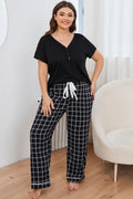 Plus Size V-Neck Top and Plaid Pants Lounge Set - Lilixa.store