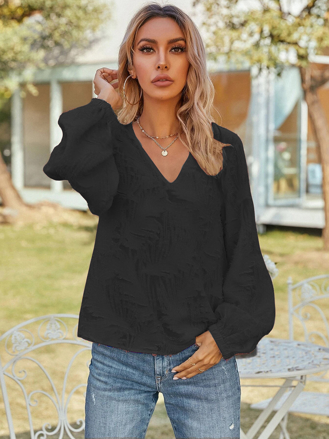V-Neck Long Sleeve Blouse in Black