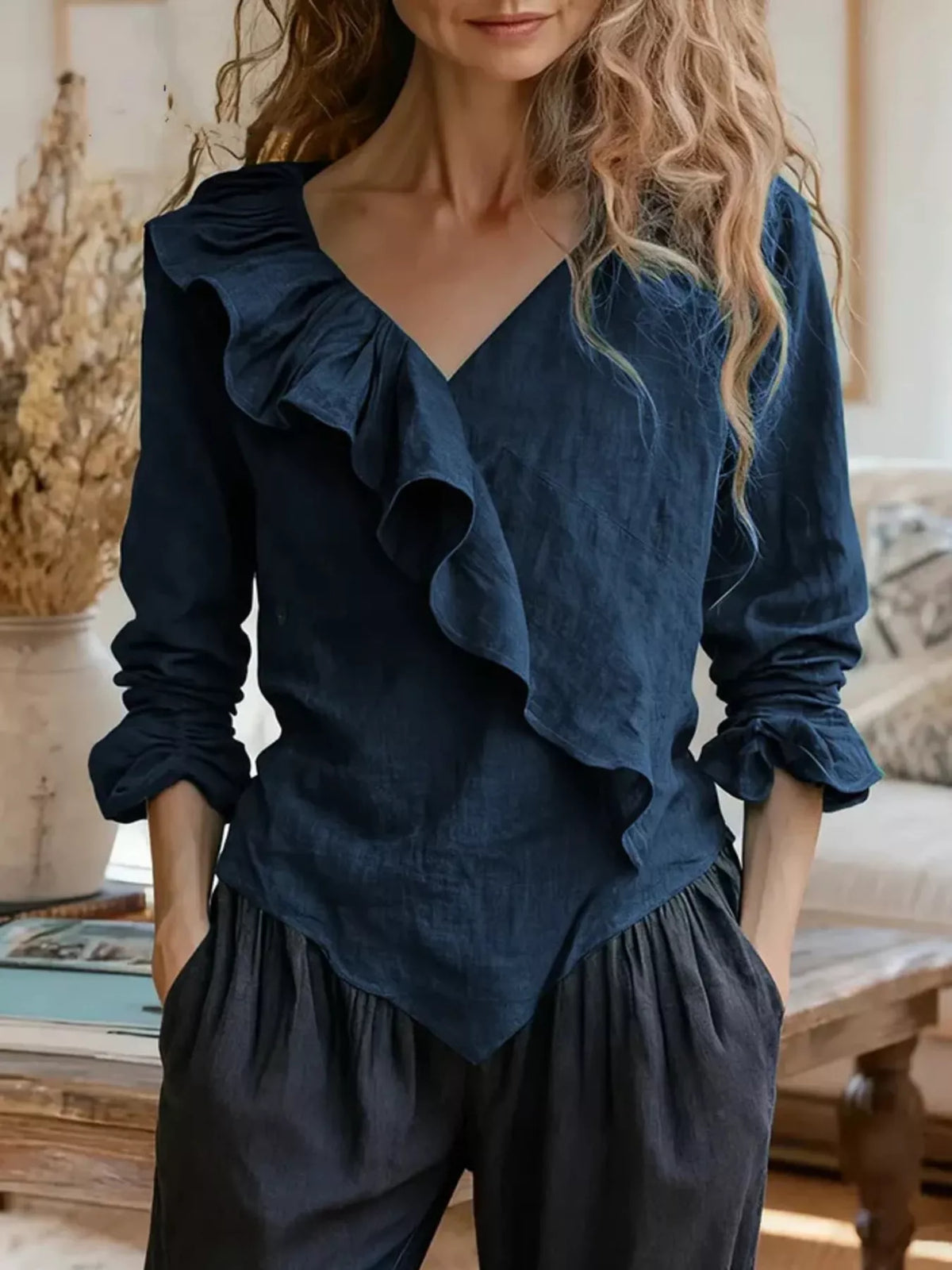 V-Neck Ruffled Long Sleeve Blouse - Lilixa.store