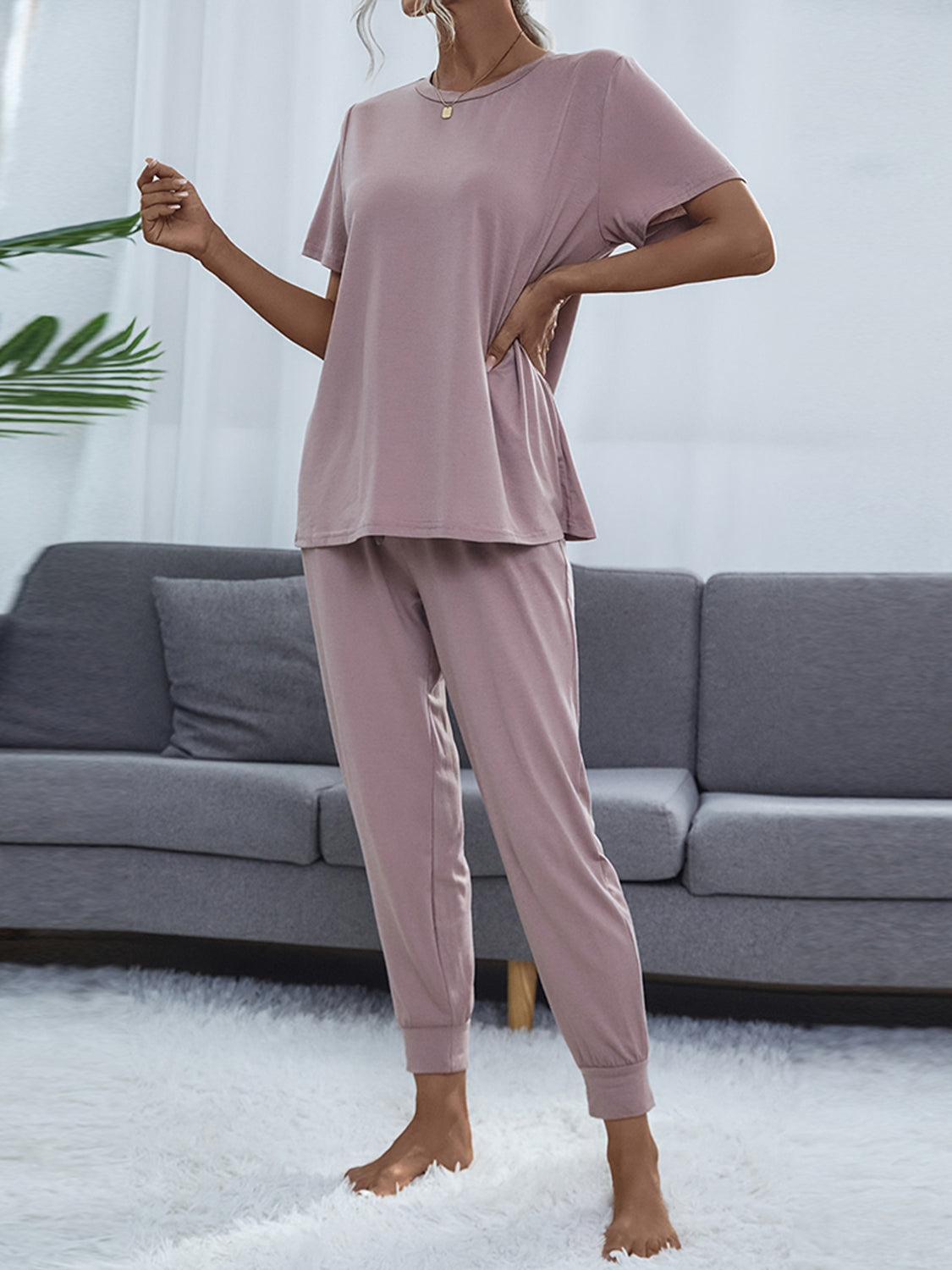 Shiny Round Neck Short Sleeve Top and Pants Set - Lilixa.store